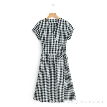 Women New Black White Plaid Lace-up Dress